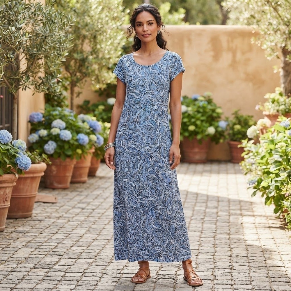J. Jill Blue Paisley Knit Maxi Dress Short Sleeve M Tall NWT
